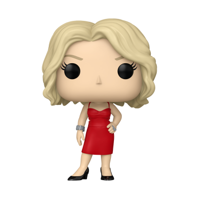 Figura funko pop loira com vestido vermelho e sapatos pretos