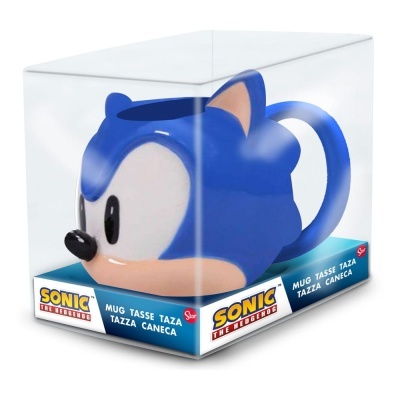 Caneca formato cabeça do Sonic azul em caixa transparente