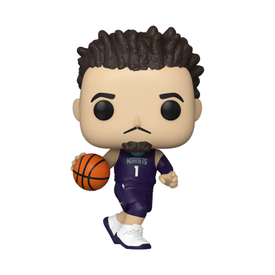 Figura Funko Pop de jogador de basquetebol com bola e uniforme roxo