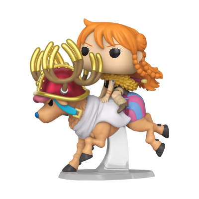 Figura colecionável de personagem laranja montada em animal com chifres dourados e capacete vermelho.
