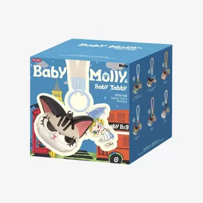 Caixa azul de brinquedo surpresa Baby Molly com chaveiro cabeça de gato