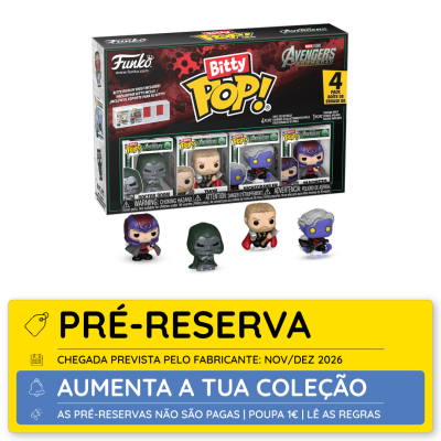 Caixa de bonecos Funko Bitty Pop! Avengers Doomsday com 4 figuras de vinil e aviso de pré-reserva.