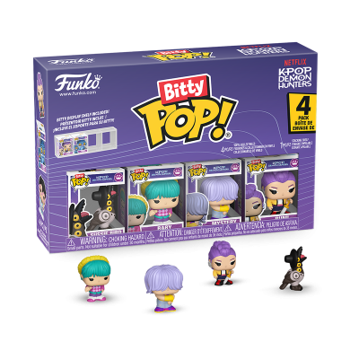 Caixa de figuras Funko Bitty Pop! K-Pop Demon Hunters com quatro personagens em vinil coloridos
