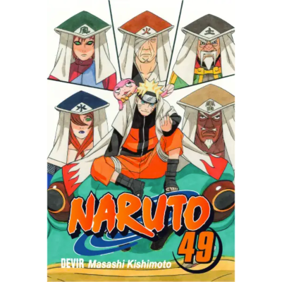 Capa do mangá Naruto volume 49 com personagens em trajes tradicionais brancos e símbolos coloridos, personagem principal loiro com roupa laranja e bandana preta.