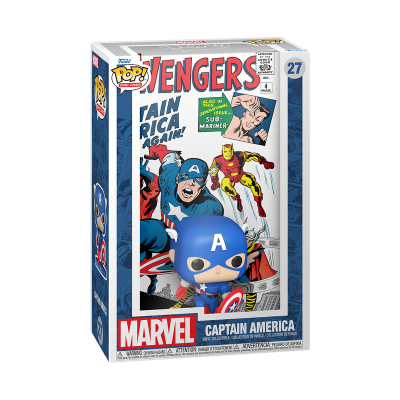 Caixa Funko Pop! Marvel Captain America com arte dos Avengers e figura estilizada do Captain America.