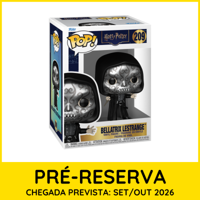 Funko Pop Bellatrix Lestrange com máscara e capuz preto na caixa