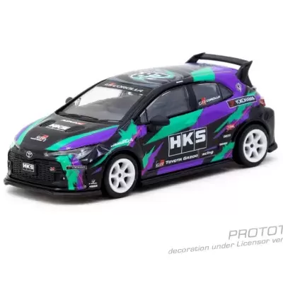 Miniatura de carro desportivo preto com detalhes em verde e roxo e pneus brancos