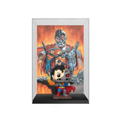 Figura Funko Pop do Superman ciborgue em base preta com ilustração colorida ao fundo