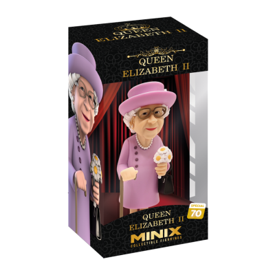 Caixa com figura colecionável da rainha Elizabeth II em rosa