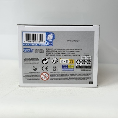 Embalagem branca com texto e símbolos de reciclagem e segurança