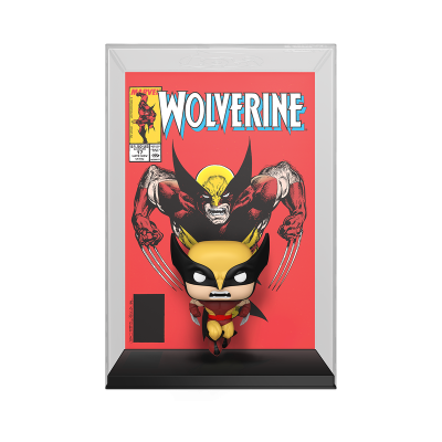 Figura colecionável de Wolverine com capa da revista Marvel ao fundo