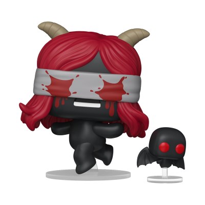Figura colecionável preta com cabelo vermelho, chifres castanhos e faixa branca nos olhos com manchas vermelhas, com pequena figura preta com olhos vermelhos e asas