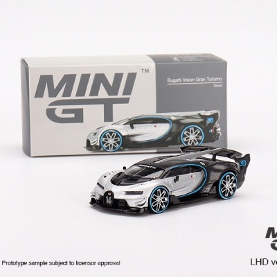 Miniatura do carro Bugatti Vision Gran Turismo preto e cinzento com embalagem