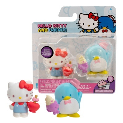 Brinquedos Hello Kitty and Friends com figuras coloridas de Hello Kitty e um pinguim em embalagem de blister