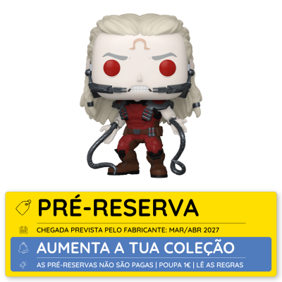 Funko Pop de personagem com cabelo loiro e roupa vermelha e preta, com etiquetas de pré-reserva em português