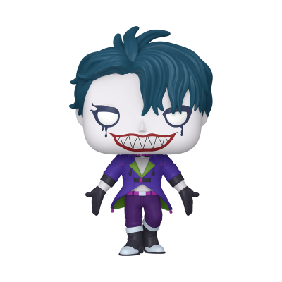 Figura Funko Pop do Joker com cabelo azul, rosto branco e roupagem roxa