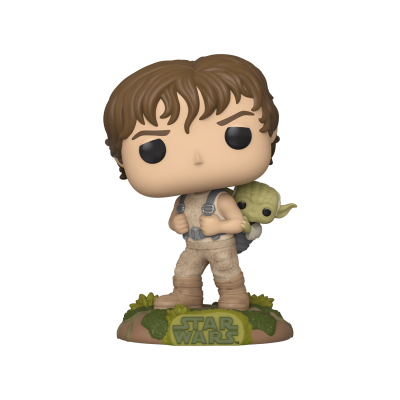 Figura Funko Pop de personagem masculino com boneco verde em mochila sobre base 'STAR WARS'