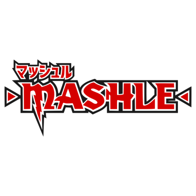 Logotipo com texto vermelho e preto MASHLE e caracteres japoneses.