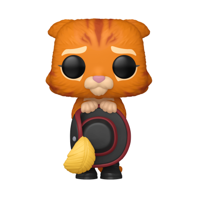 Figura Funko Pop de gato laranja segurando chapéu preto com pena