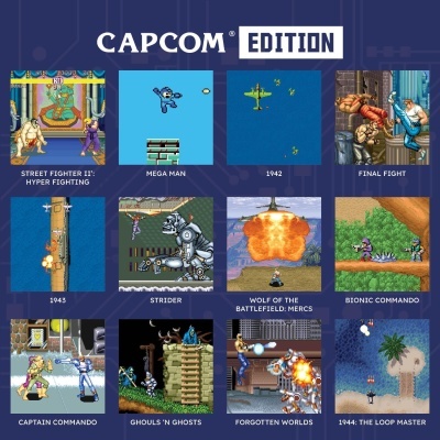 Promoção digital CAPCOM EDITION com miniaturas de doze jogos clássicos em fundo azul