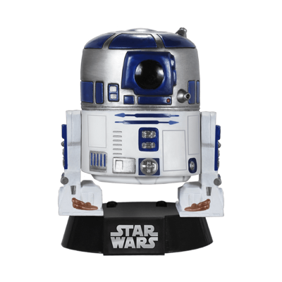 Figura R2-D2 branca e azul da Star Wars sobre base preta com logo