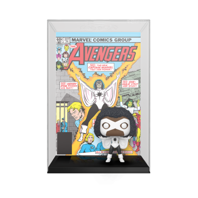 Figura Funko Pop do Fantasma em roupa branca com capa de revista Avengers ao fundo