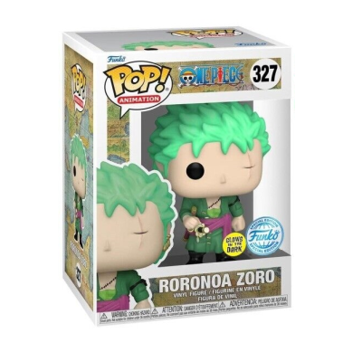 Funko Pop de Roronoa Zoro em caixa transparente com texto e logos.
