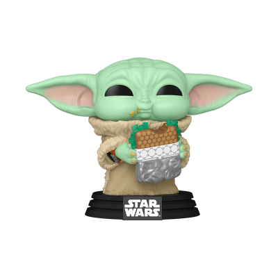 Figurinha Baby Yoda de vinil com sanduíche e base preta com logo STAR WARS