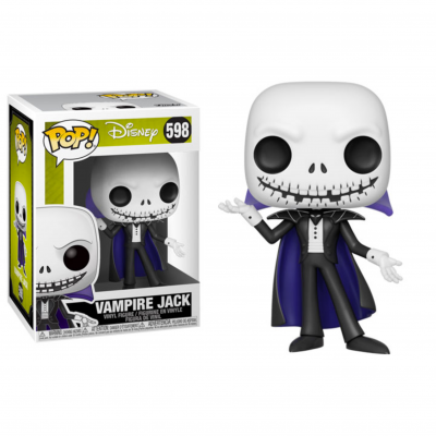 Funko Pop Vampire Jack de vinil com roupa preta e capa roxa, ao lado da caixa do produto.