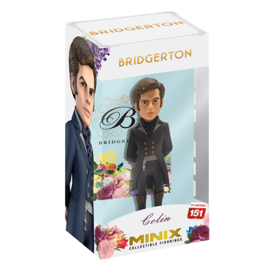 Figura colecionável Minix do personagem Colin da série Bridgerton em embalagem colorida com flores.
