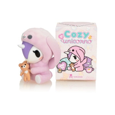 Figura de vinil unicórnio com capuz rosa e caixa Cozy unicorno