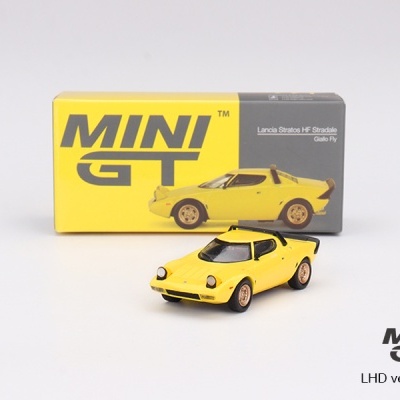 Miniatura de carro amarelo Lancia Stratos HF Stradale Giallo Fly com caixa amarela e cinza MINI GT
