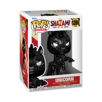 Figura vinil unicórnio preto Pop! Shazam! na caixa