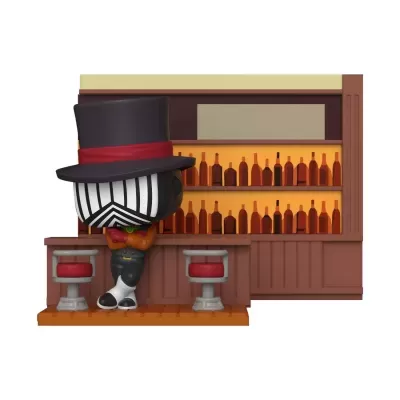 Figura estilizada com chapéu preto e faixa vermelha em frente a balcão de bar com garrafas e banquetas vermelhas