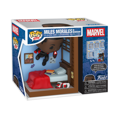 Funko Pop! Marvel de Miles Morales no quarto em caixa