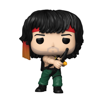 Figura Funko Pop com faixa vermelha, cabelo preto, calças verdes e arco preto
