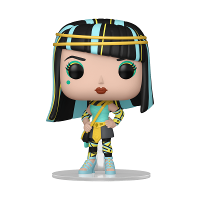Figura colecionável Funko Pop feminina com roupa azul, preta e amarela a segurar bengala