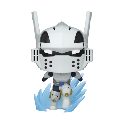 Figura colecionável robótico branco com base azul translúcida