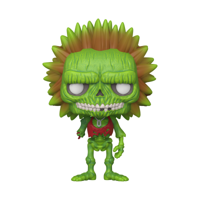 Figura colecionável Funko Pop esqueleto verde com cabelo espigado e camisa vermelha