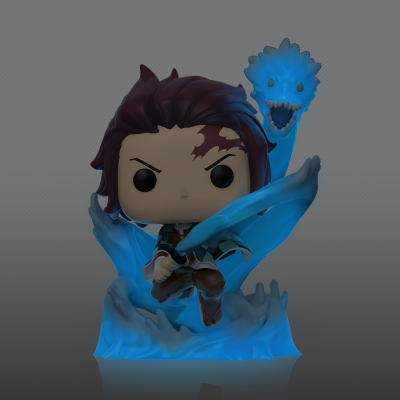 Figura Funko Pop de personagem masculino com efeito de água azul e dragão azul translúcido