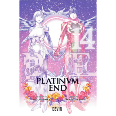 Capa do livro Platinum End volume 14 com duas personagens e fundo rosa estrelado