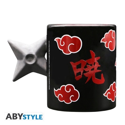 Caneca preta com pega shuriken e padrões vermelhos