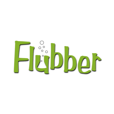 Logotipo com a palavra Flubber em verde sobre fundo preto com letra estilizada tipo frasco