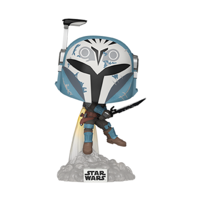 Funko Pop personagem Star Wars Mandalorian com capacete azul e branco e adagas