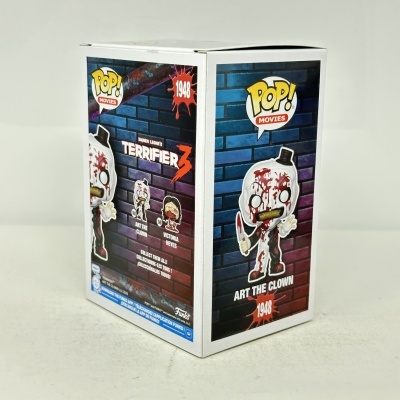 Caixa de Funko Pop! Movies com personagem Art The Clown e cores azul, branco e vermelho