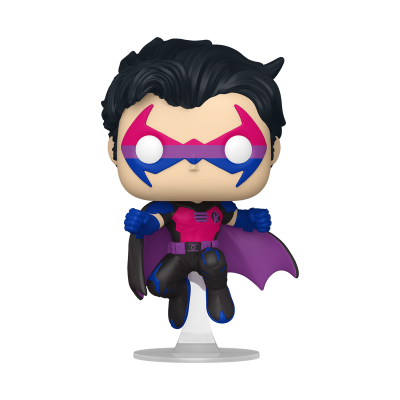Figura colecionável Funko Pop de super-herói com máscara colorida e capa