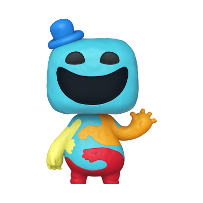 Figura colecionável azul e colorida estilo Funko Pop com chapéu azul