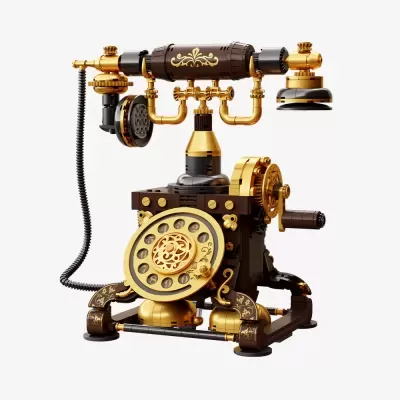 Telefone antigo vintage em blocos de montagem dourado e castanho