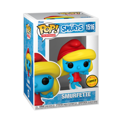 Figura Funko Pop! Smurfette com cabelo amarelo e roupa vermelha em caixa transparente