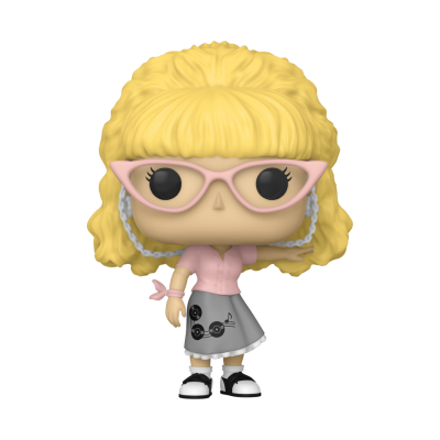 Figura Funko Pop loira com óculos rosa e roupa retro